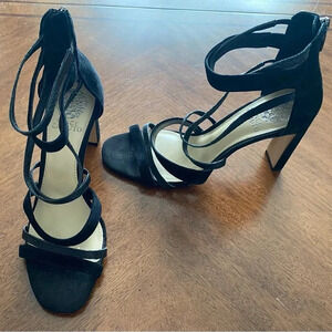 Vince Camuto Black Strappy Leather & Suede 4” Block Heel Zip EUC Women’s Size: 9
